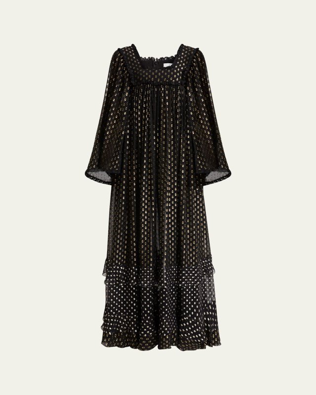 Metallic Polka-Dot Long-Sleeve Maxi Dress